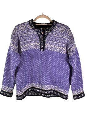 L.L. Bean Womens Purple Nordic Wool Sweater Fair Isle Pattern Button Neck Size M
